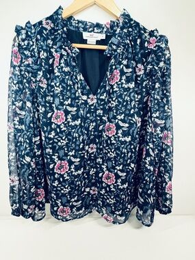 Vineyard Vines Navy Floral Ruffle V-Neck Blouse with Pink Accents